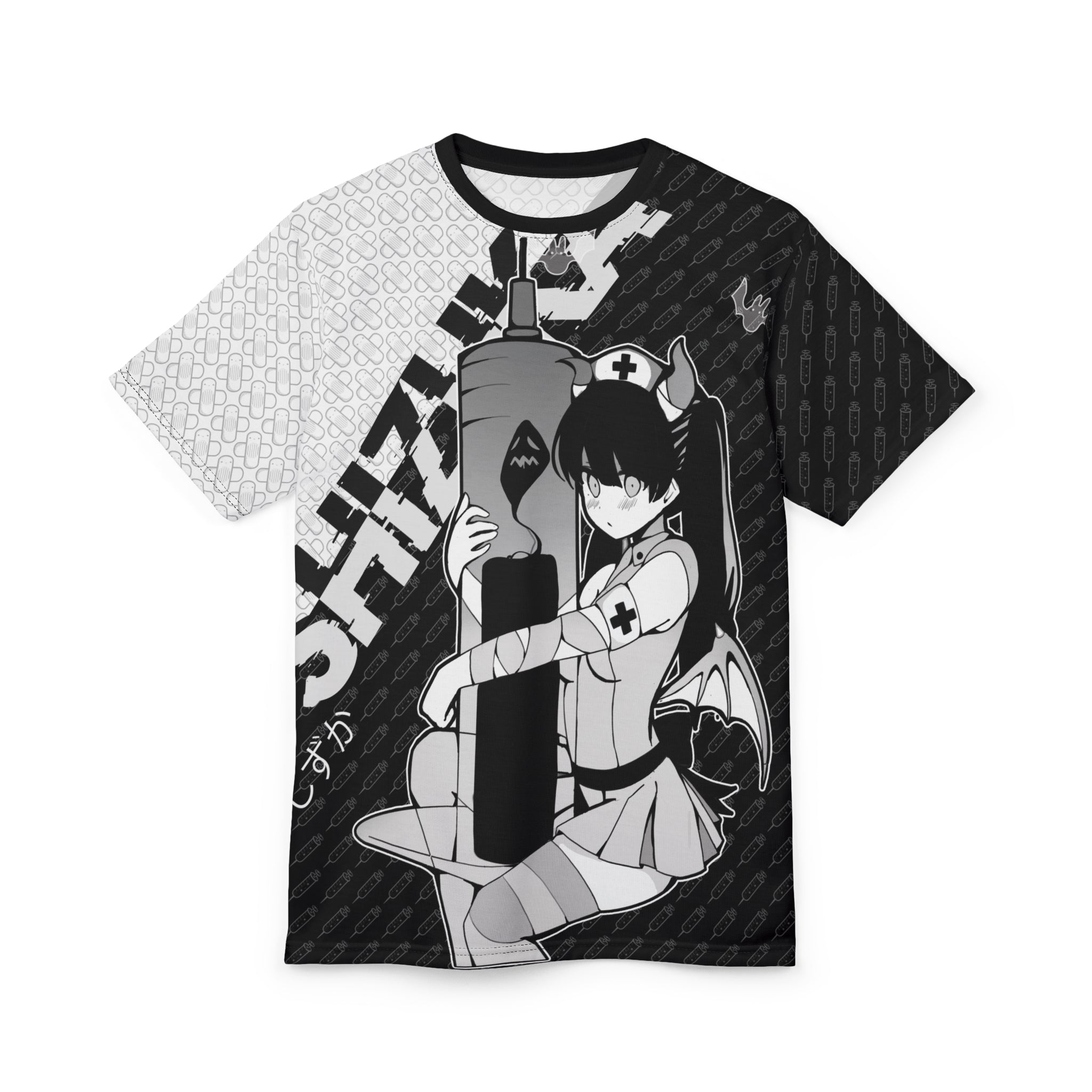 Shizuka B&W V2 Kawaii Anime Nurse - Creepy Cute - Unisex AOP Cut & Sew Tee