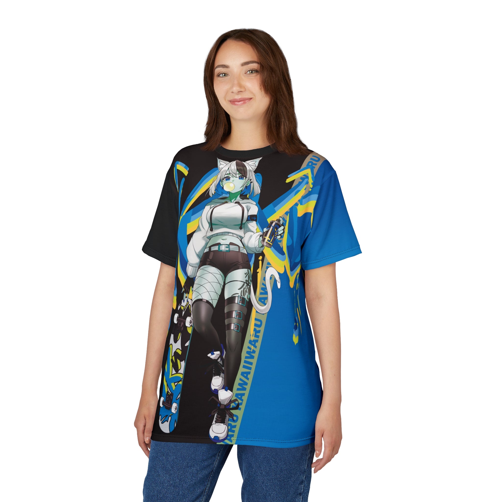 Tori - Icy blue raspberry - Neko skater anime girl Unisex AOP Cut & Sew T-shirt