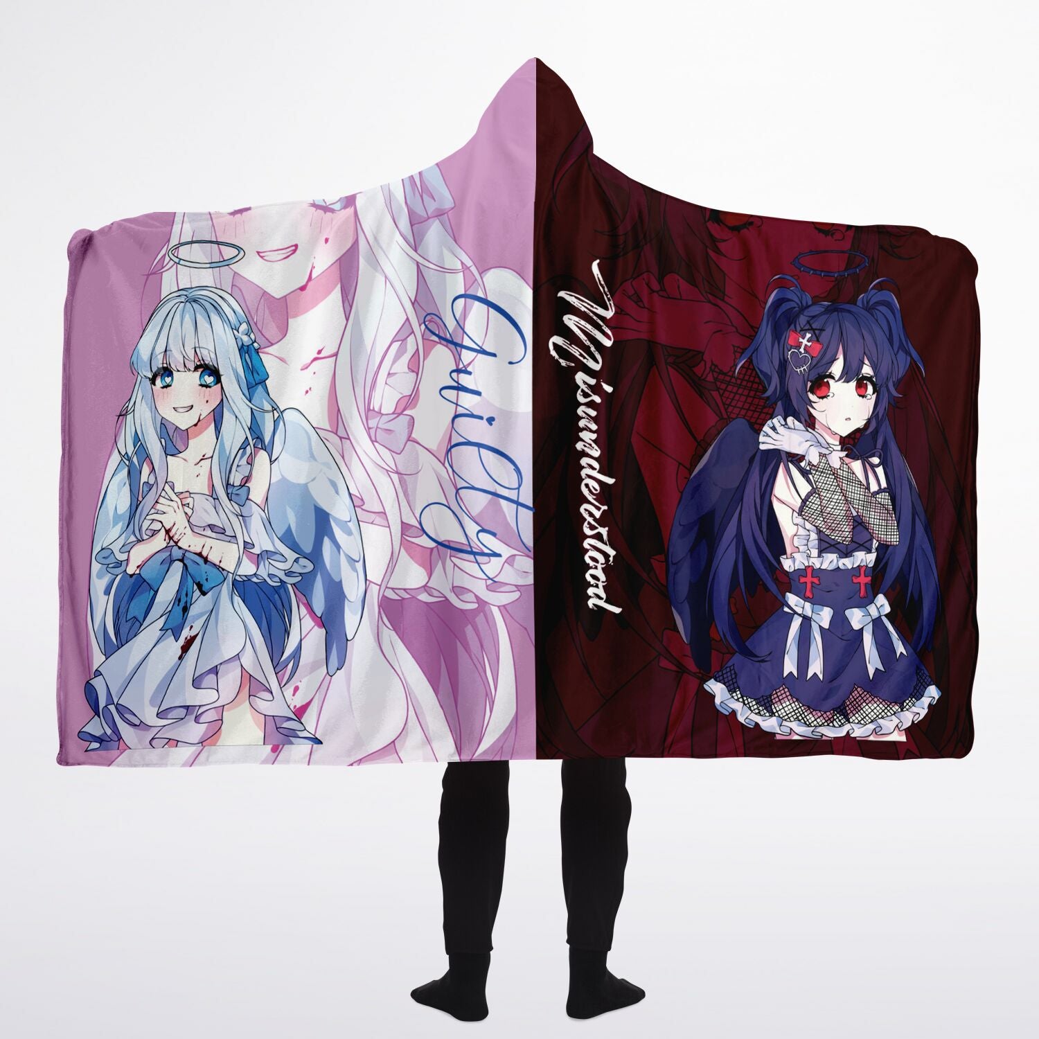 Saidah and Laylah - Dark and Light Anime Angel Twins Hooded Blanket