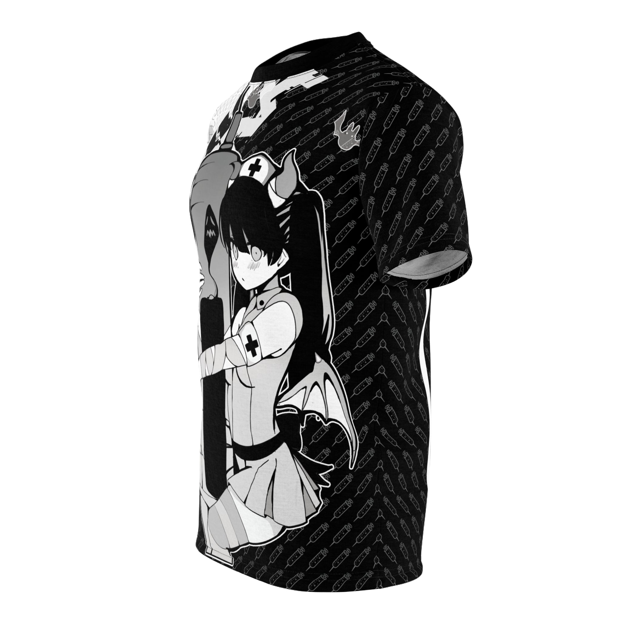 Shizuka B&W V2 Kawaii Anime Nurse - Creepy Cute - Unisex AOP Cut & Sew Tee