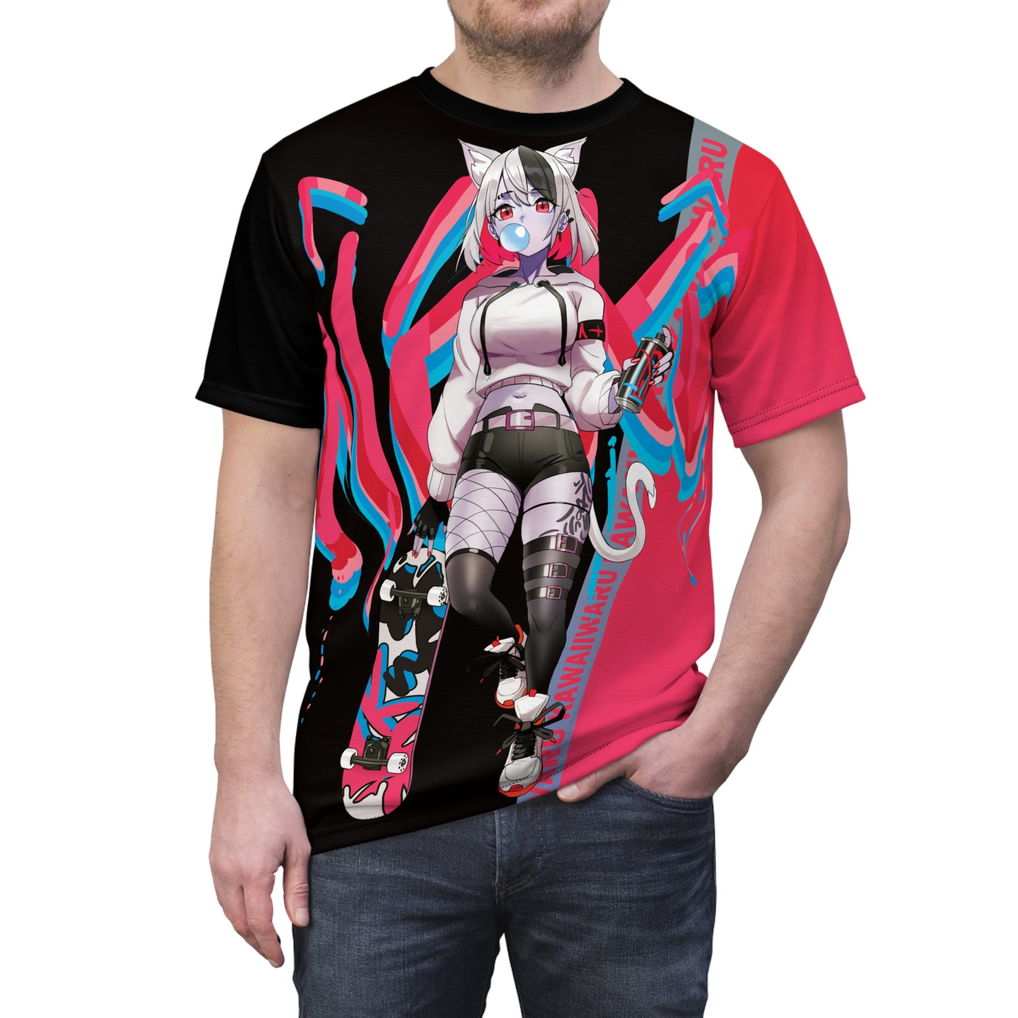 Tori - Trippy watermelon - Neko skater anime girl Unisex AOP Cut & Sew T-shirt