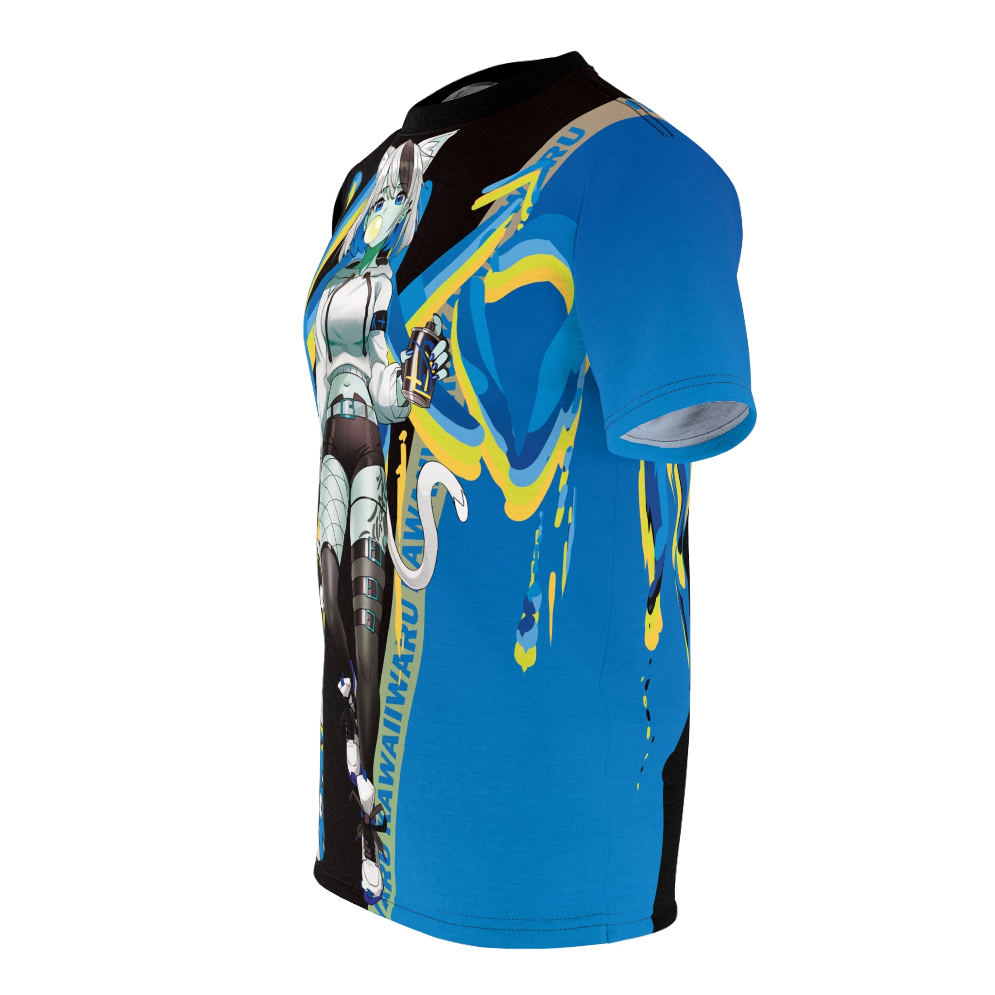 Tori - Icy blue raspberry - Neko skater anime girl Unisex AOP Cut & Sew T-shirt