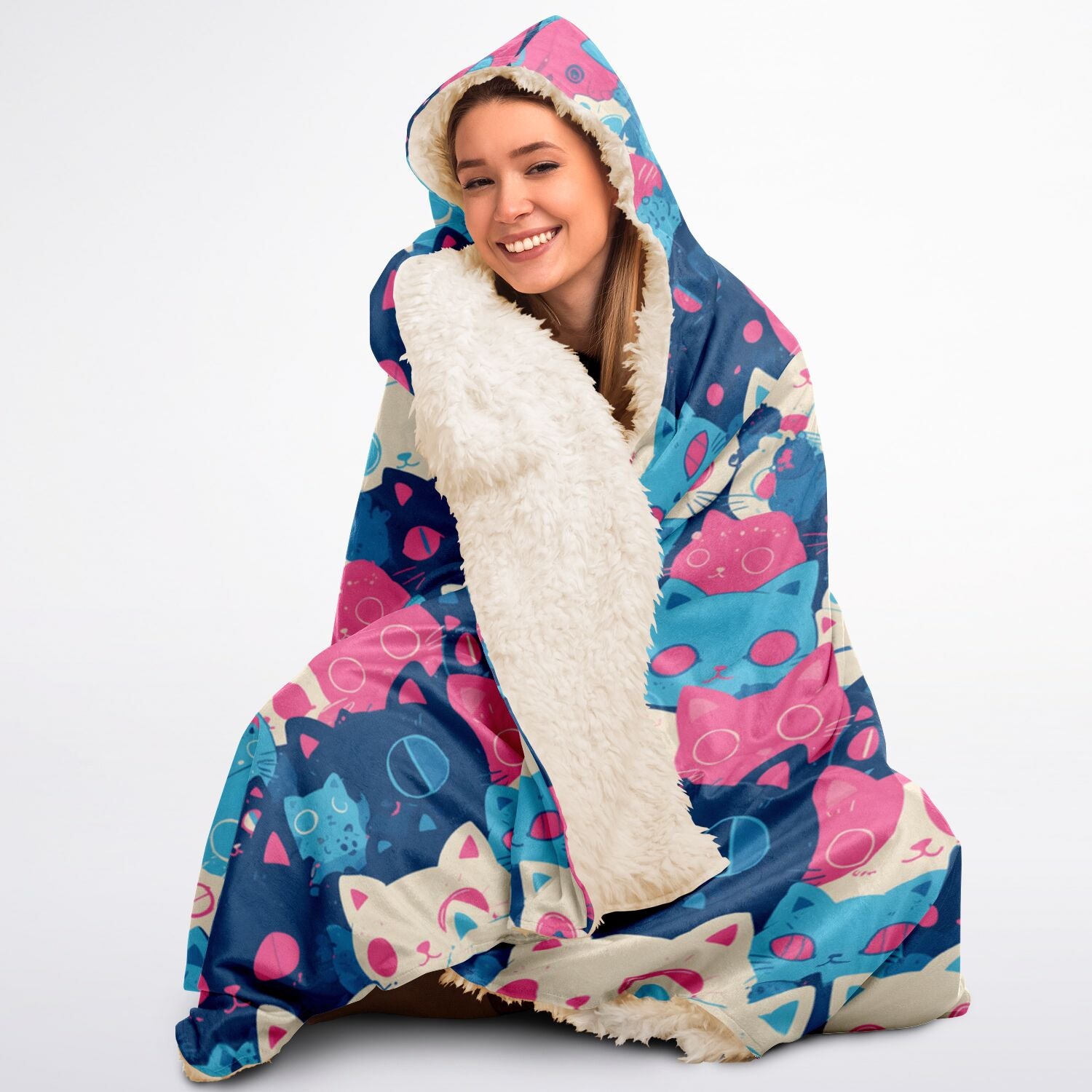 Cute pastel cat pattern Hooded Blanket Sherpa