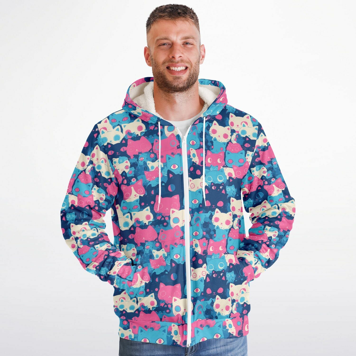 Cute pastel cat pattern Sherpa Jacket Hoodie