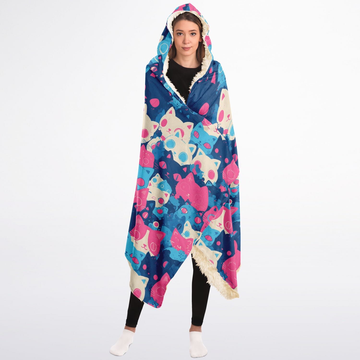 Cute pastel cat pattern Hooded Blanket Sherpa