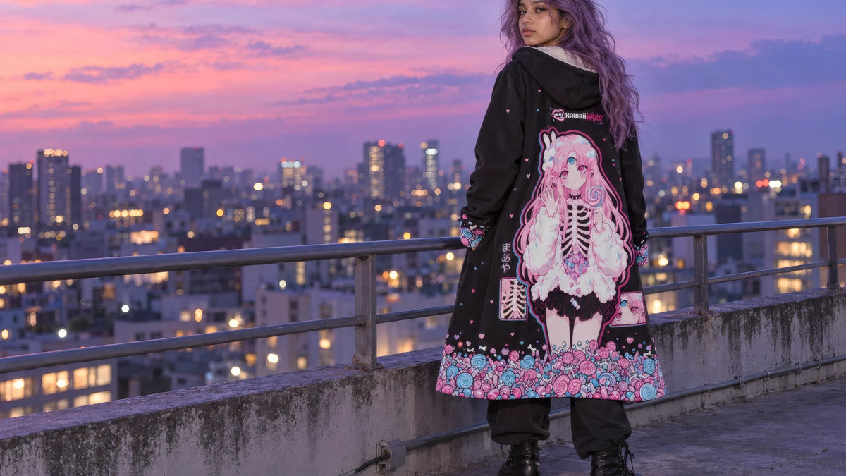 Back print of the Maaya Hello Again cloak on a city rooftop at dusk