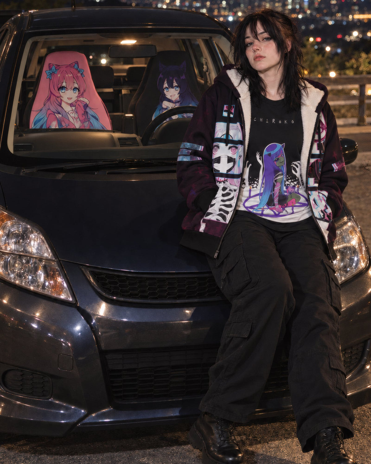 Fan sitting on her car at night in the Maaya Third Eye Glitch sherpa hoodie over the Chiroko tee, Helena and Helana car seat covers inside